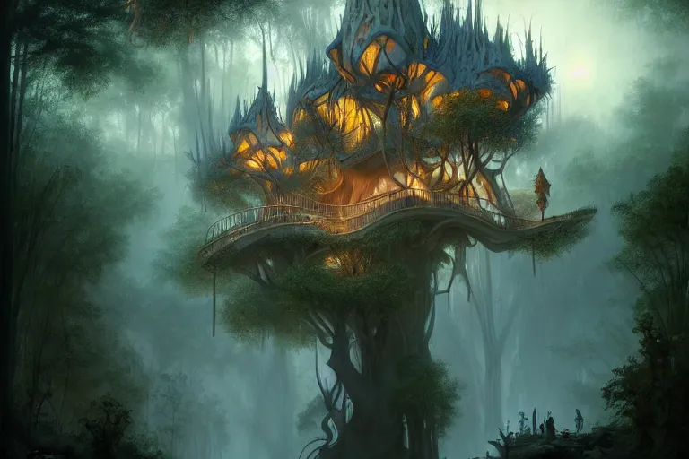 Prompt: treehouse with architecture from antonio gaudi in a deep mystical forest , lampoons, lake, waterfall, tall people walking and discussing, dynamic lighting, art by peter mohrbacher on artstation, mix with rivendell architecture, night mood