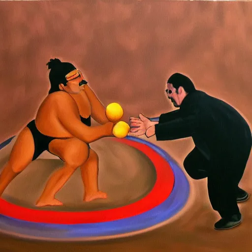 Image similar to oil painting of richard stallman sumo wrestling with bill gates, trending on artstation