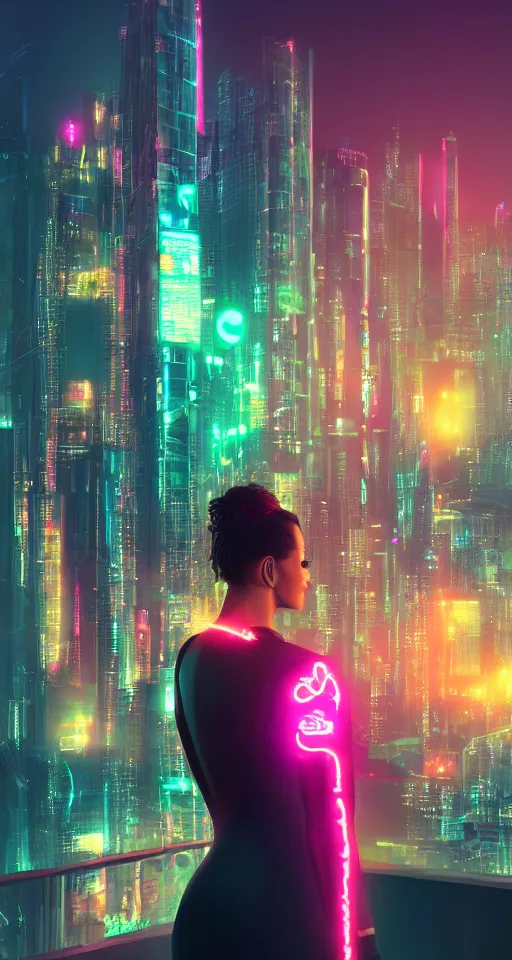 Image similar to Portrait of a beautiful cyberpunk women, trending on artstation, city skyline on background, neon lights, glow, sunset, crystal color, 4k