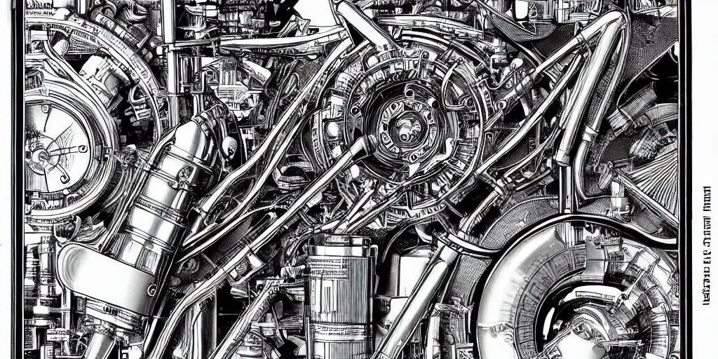 Image similar to f1 engine cutaway scientific illustration by Ernst Haekel highly detailed by jean giraud moebius engineering black and white chrome