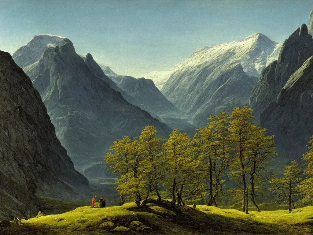 Prompt: a painting of a majestic mountainous landscape in norway in spring by caspar david friedrich, high detail,