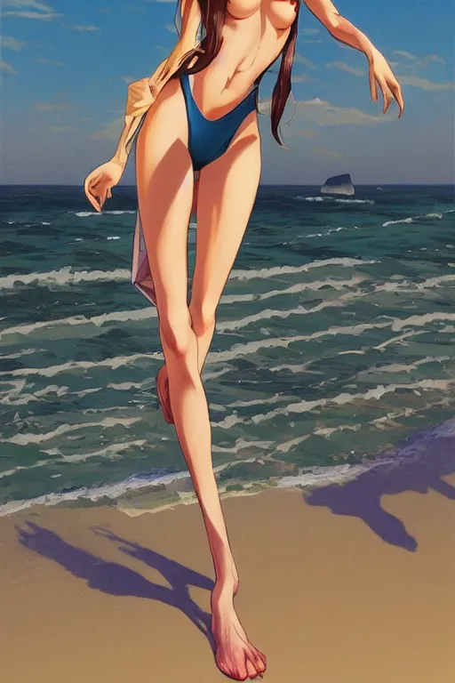 Prompt: walking on the beach, full body shot, intriguing outfit, fine - face, realistic shaded perfect body, fine details. night setting. very anime style. realistic shaded lighting poster by ilya kuvshinov katsuhiro, magali villeneuve, artgerm, jeremy lipkin and michael garmash, rob rey and kentaro miura style, trending on art station