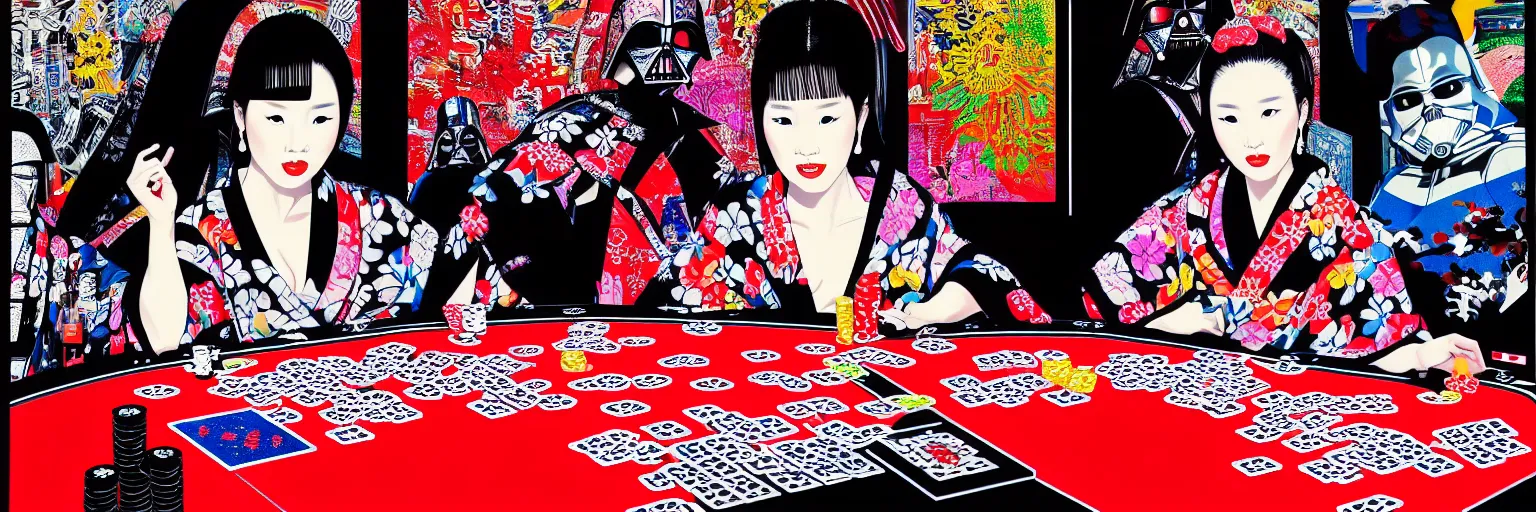 Image similar to hyperrealism composition of the detailed woman in a japanese kimono sitting at an extremely detailed poker table with darth vader, terminator, fireworks on the background, pop - art style, jacky tsai style, andy warhol style, acrylic on canvas