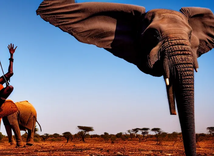 Image similar to film still, extreme wide shot of an tribal african man riding an elephant alone on the savannah, extreme long shot, 4 k, award winning