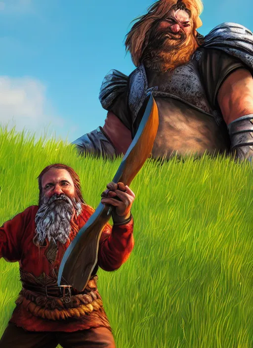 Prompt: A fantasy comic book style portrait painting of a axe wielding fantasy d&d dwarf in a open meadow field in the summer, unreal 5, DAZ, hyperrealistic, octane render, RPG portrait, ambient light, dynamic lighting