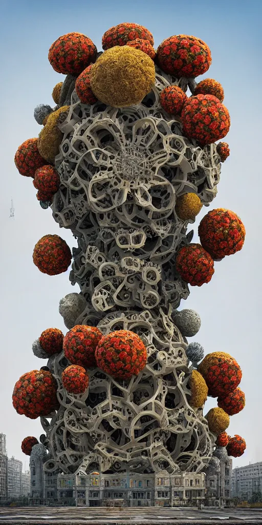 Image similar to colossal grotesque flower made from best unfulfilled mankind projects in the middle of abandoned post soviet constructivist cityscape, Stalinist architecture, ultradetailed, Intricate by Hayao Miyazaki and Josan Gonzalez and Makoto Shinkai and Giuseppe Arcimboldo and Wes Anderson