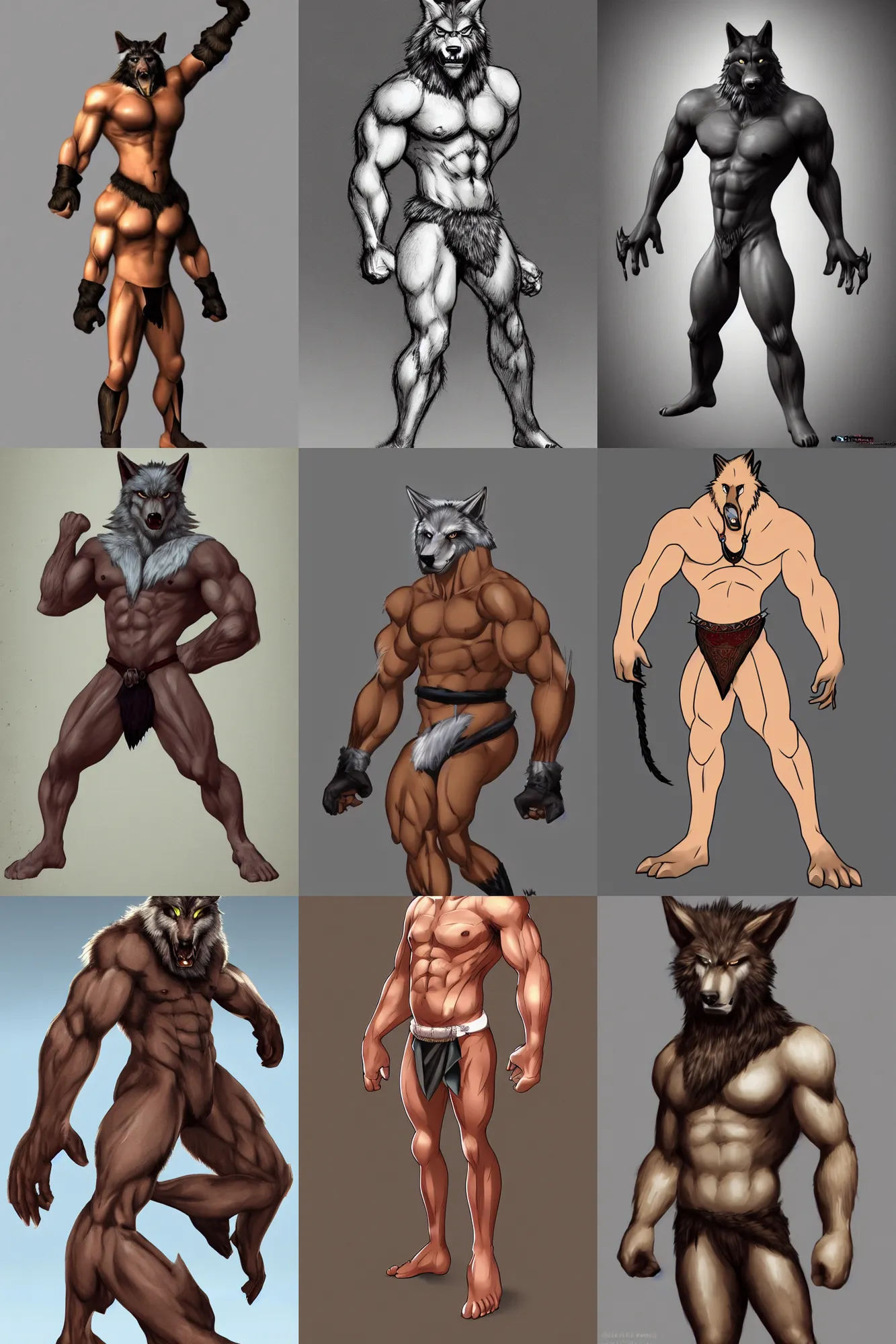 Prompt: anthro wolf beastman wearing loincloth posing to show his muscles, trending on pixiv, trending on artstation