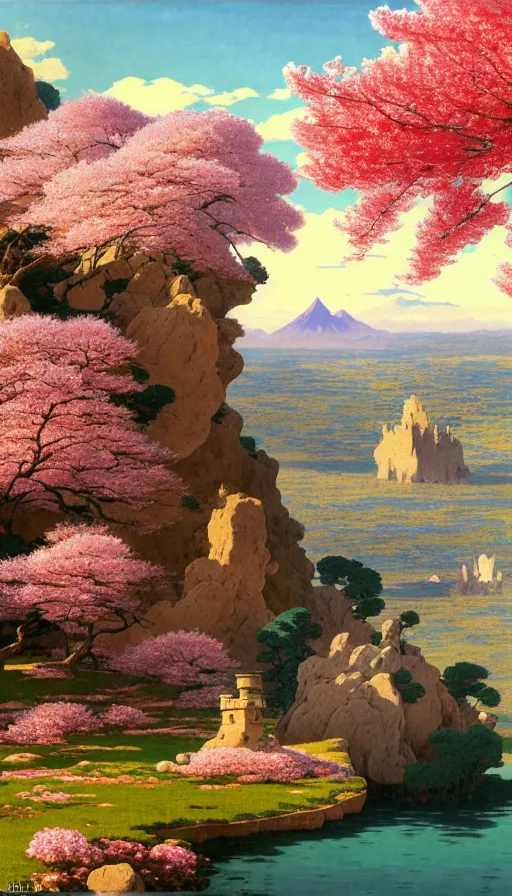 Image similar to ghibli illustrated background of a strikingly beautiful landform with strange rock formations acastle is seen in the distance, and red water and cherry blossoms by vasily polenov, eugene von guerard, ivan shishkin, albert edelfelt, john singer sargent, albert bierstadt 4 k