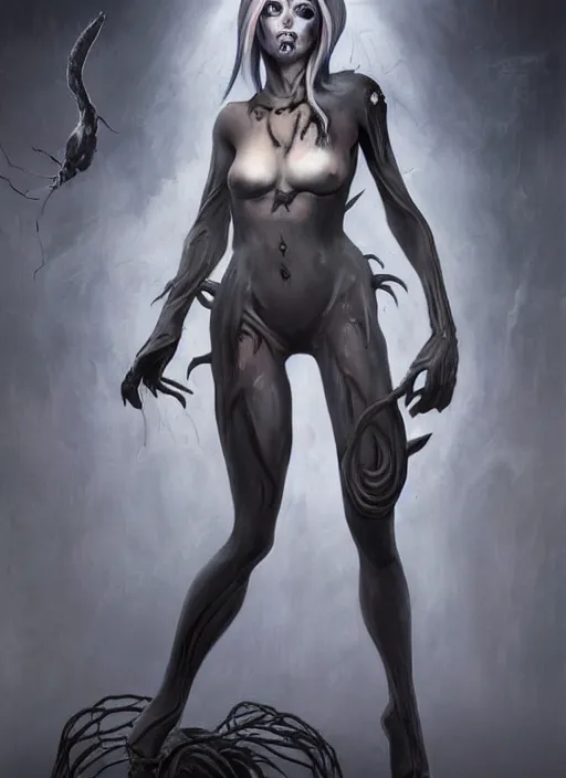 Prompt: dark full body painting of mercy from overwatch, in style of zdzisław beksinski, scary, horror, 4 k, feminine facial features, overwatch mercy character, horror, body horror, disturbing, detailed face, dressed in dark garment, black tendrils, tall,