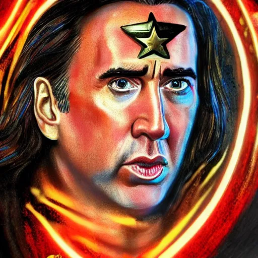 Image similar to nic cage as wonder woman, buff, painted portrait, highly detailed,