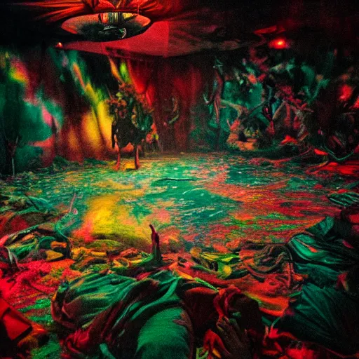 Prompt: big budget horror scene, chaos induce psychedelic colors, ultra definition, cinematic, professional lighting, liminal dark void craze, photograph by Lucifer