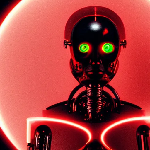 Prompt: a film still of a cyborg with glowing red eyes, artwork by caravaggio