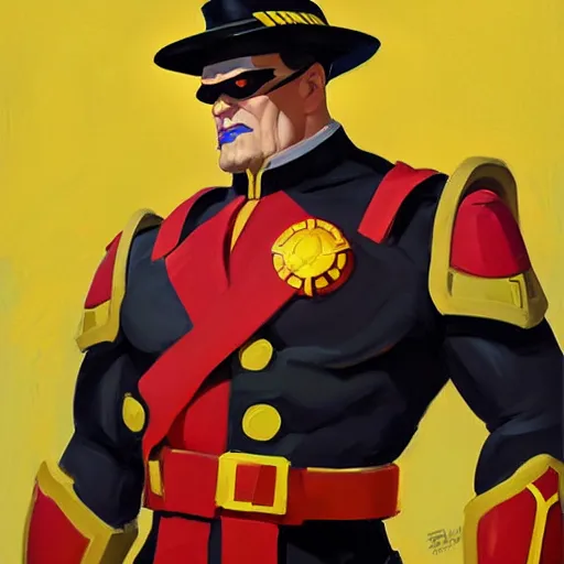 Image similar to Greg Manchess portrait painting of M. Bison as Overwatch character, medium shot, asymmetrical, profile picture, Organic Painting, sunny day, Matte Painting, bold shapes, hard edges, street art, trending on artstation, by Huang Guangjian and Gil Elvgren and Sachin Teng