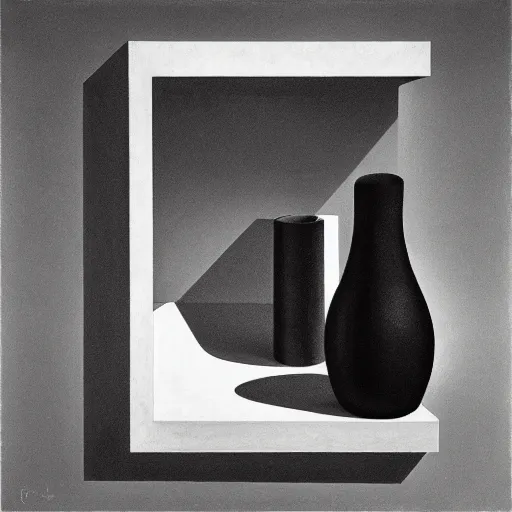 Image similar to geometric still life, Gertrude Abercrombie, highly detailed, black and white, masterpiece, trending on ArtStation, ultra realistic