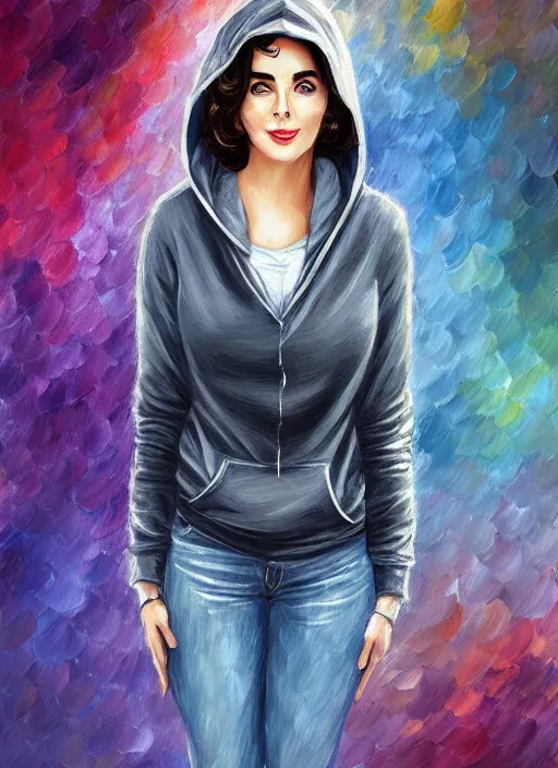 Image similar to elizabeth taylor, gray hoodie, jeans, tiara, half body shot, path traced, highly detailed, high quality, digital painting, alena aenami, leonid afremov, lilia alvarado, shinji aramaki, karol bak, alphonse mucha, tom bagshaw