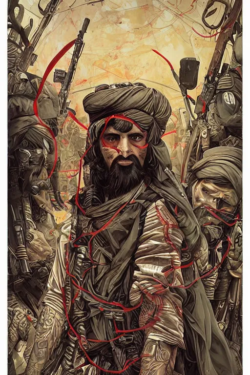 Image similar to taliban anarchy. symmetrical anatomy, very detailed design, complexity of the picture, with pop punk style, colorful, accompanied by body, pure image without duplication, dribble popular, trending on arstation, drawn by ilya kuvshinov and vinicius gud and gustavo zambelli, intricate, ultra high definition, super scale rendered