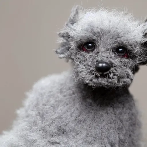 Image similar to slightly evil frail old gray hairless cute malnourished toy poodle with thin grey fluff on face