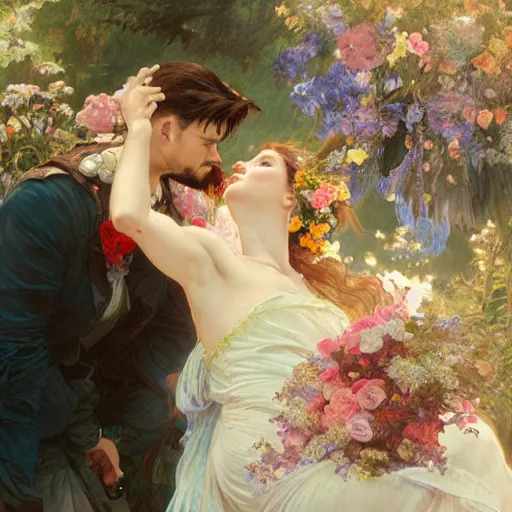 Image similar to the groom kisses the bride at a wedding full of flowers, bright and happy, dreamlike art, highly detail, 4 k realistic, wedding photoy krenz cushart. artem demura. alphonse mucha. yoji shinkawa artgerm. jon lothian. danilo torres. adi meyers. thomas reimann. gaston bussiere.