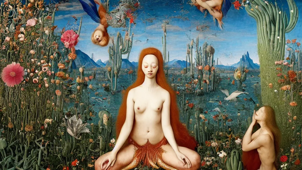 Image similar to a fish eye lense photograph of a meditating harpy mermaid surrounded by towering bulbous flowers. wide landscape with mountains, river delta. clear blue sky with stars. painted by jan van eyck, max ernst, ernst haeckel and ernst fuchs. trending on artstation, 8 k, award winning, fashion editorial, mythology, photorealistic, cacti everywhere