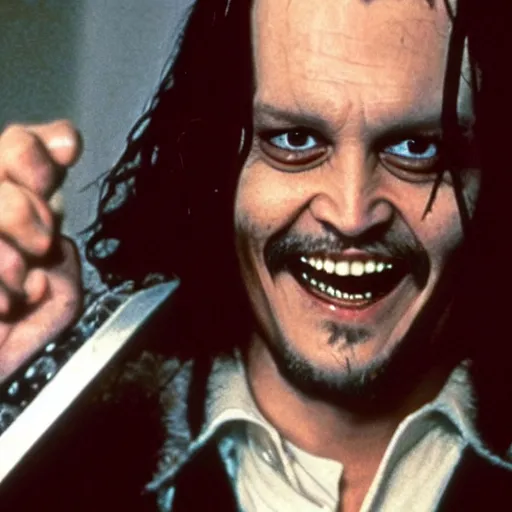 Prompt: Johnny Depp as Jack Torrance in Shining, holding axe,