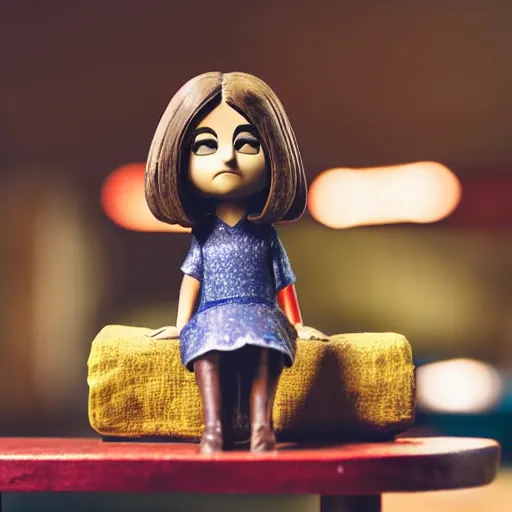 Image similar to jenna coleman figurine by pixar sad bokeh on wooden table.