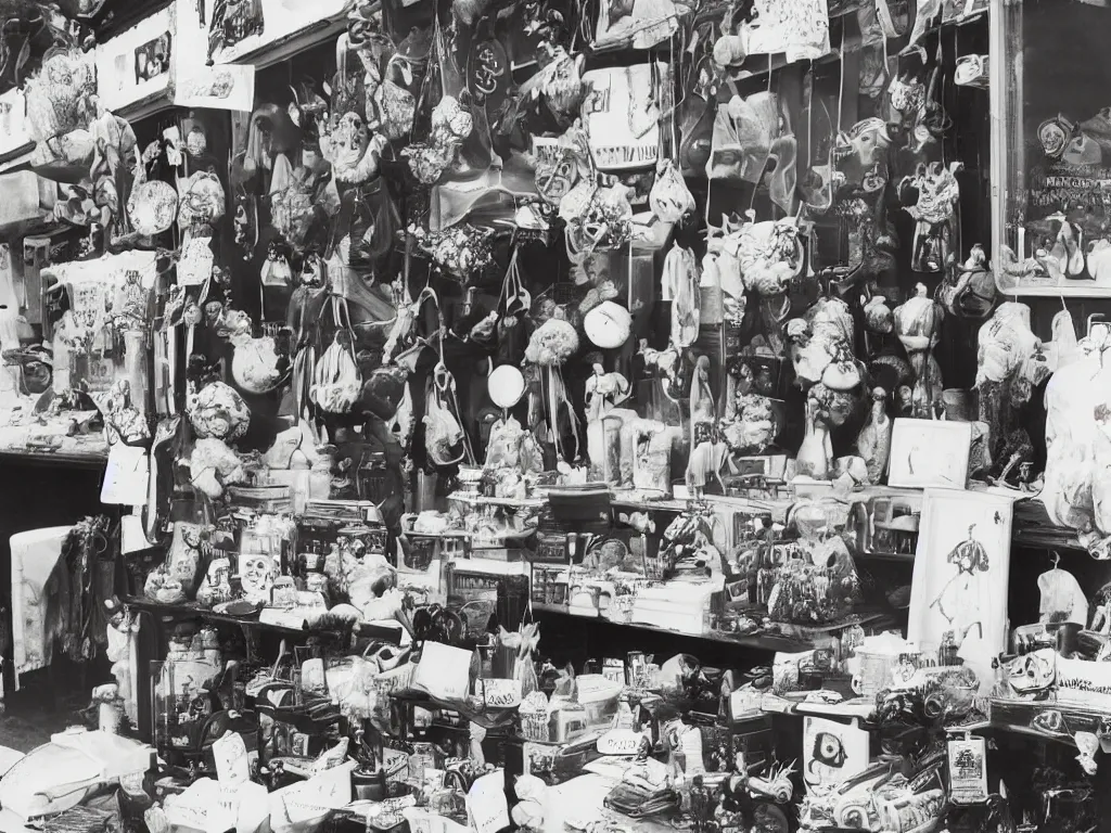 Prompt: a photograph of a market stall, every item is an exploding head. effortless beauty in the style of man ray