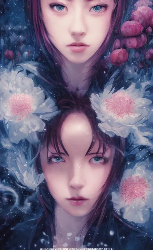Image similar to bestselling movie poster, official media,a cinematic beautiful closeup moment of saying goodbye with peonies, simple form, brutal shapes, shaman, pixiv, 1970s fashion, official anime media, cinematic lighting, artstation consept artwork by doja cat, charlie bowater, waterhouse, ,greg rutkowski, wong kar wai