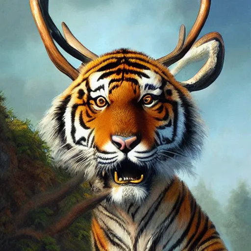 Prompt: tiger - deer creature, oil painting by justin gerard