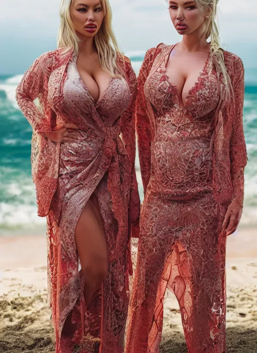 Image similar to portrait of lindsey pelas and scarlet johansson wearing kebaya in bali, by charlotte grimm, natural light, detailed face, beautiful features, symmetrical, canon eos c 3 0 0, ƒ 1. 8, 3 5 mm, 8 k, medium - format print, half body shot