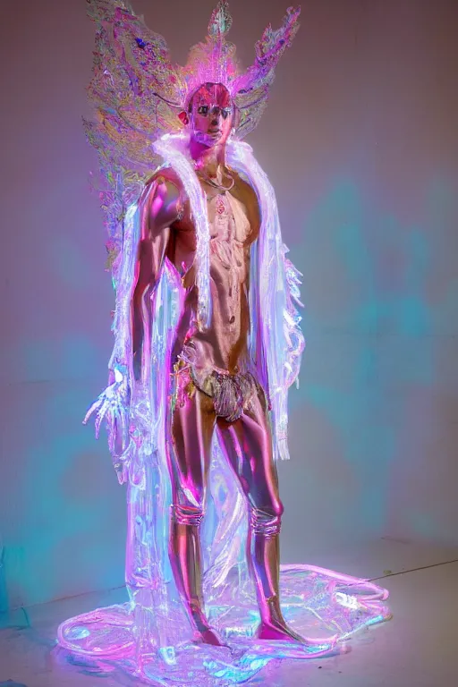Image similar to full-body rococo and cyberpunk delicate neon crystalline sculpture of (((muscular slender Nick Jonas))) as an iridescent humanoid deity wearing a thin see-through ((plastic hooded cloak)) sim roupa, reclining con (las piernas abiertas), glowing pink face, crown of (((white lasers))), large diamonds, swirling black silk fabric. futuristic elements. oozing glowing liquid, full-length view. space robots. (((human skulls))). throne made of bones, intricate artwork by caravaggio. Trending on artstation, octane render, cinematic lighting from the right, hyper realism, octane render, 8k, depth of field, 3D