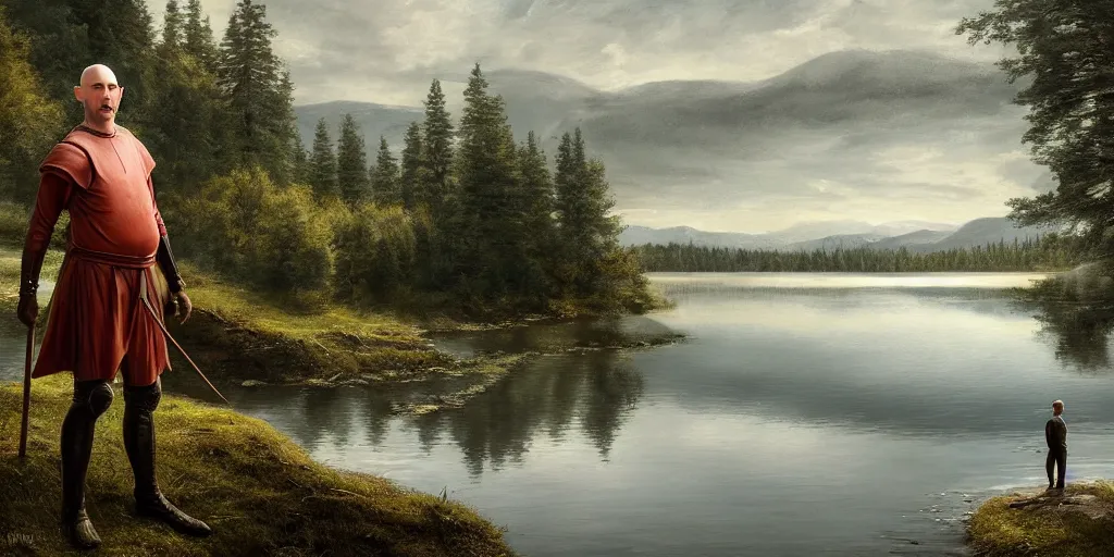 Image similar to beautiful landscape of small lake at midday with distant mountains and close - up of a bald symmetric man in medieval armor, ultra realistic, highly detailed, hd, sharp focus, cinematic lighting, realistic, vivid colors, gritty, matt painting, digital art, non blurry, sharp, artstation, concept art, smooth, illustration