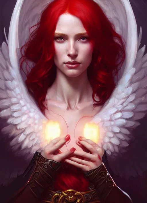 Prompt: a beautiful red haired woman as the angel of death, deep focus, d & d, fantasy, intricate, elegant, highly detailed, digital painting, artstation, concept art, matte, sharp focus, illustration, hearthstone, art by artgerm and greg rutkowski and alphonse mucha