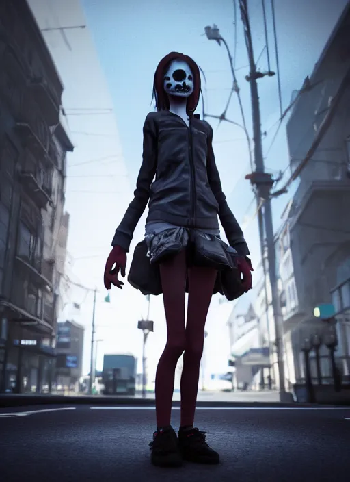 Image similar to undead girl standing on a bus stop ; unreal engine ; wide angle ; highly detailed