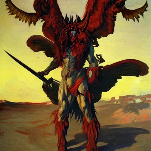 Image similar to Street art. a large, muscular demon-like creature with wings, standing in a dark, hellish landscape. The creature has red eyes and sharp teeth, and is holding a large sword in one hand. by Joaquín Sorolla, by Ken Kelly kaleidoscopic