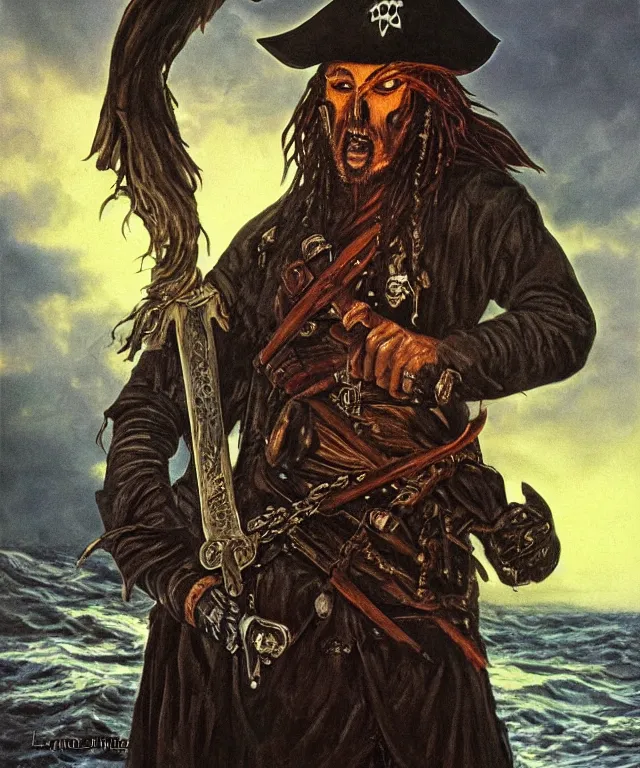 Image similar to ultra realistic color portrait painting of a tranparent 1 7 th century pirate ghost with a sword in a grotto, dark, painted, brooding, atmospheric, seascape, horror, smooth, epic, highly detailed, cinematic, by larry elmore