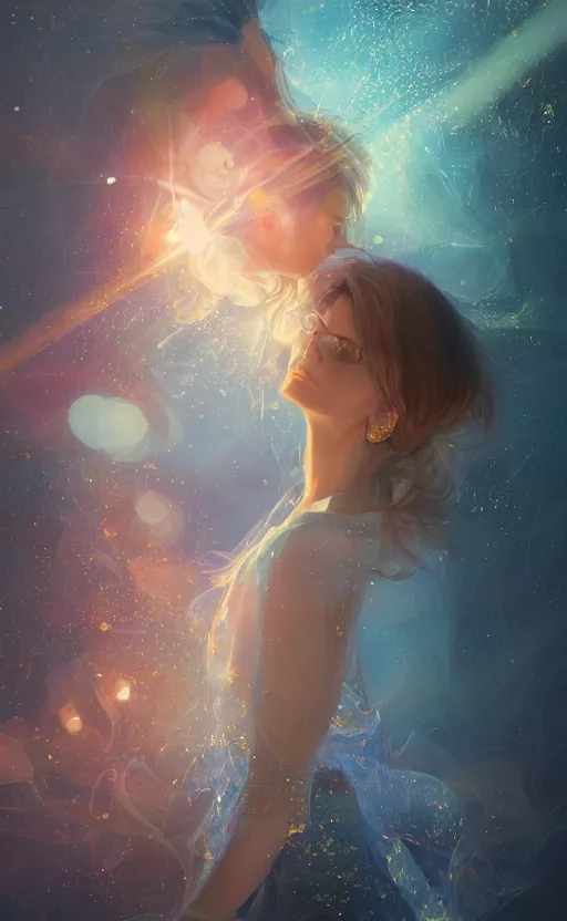 Image similar to beautiful uncertainty, sharp focus, intricate, elegant, digital painting, artstation, matte, highly detailed, concept art, illustration, volumetric lighting, gold and blue and pink color scheme, bokeh light, art by greg olsen and liz lemon swindle