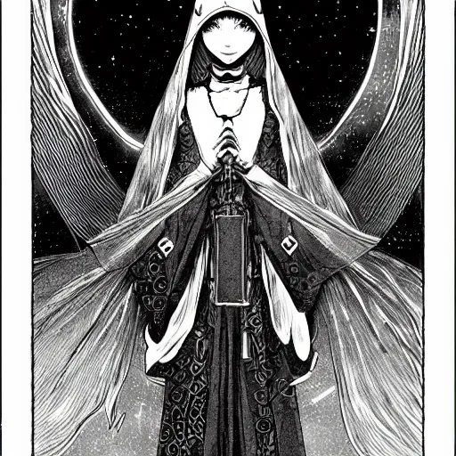 Image similar to precisely drawn illustration of anime hooded high priestess of an earth goddess, old-fashioned tarot card, victorian playing card, sepia tone, wide angle, sharp, fine details, anime, manga, cyberpunk, intense line art, 8k, precise linework, realistic, shaded lighting by katsuhiro otomo ghost-in-the-shell, magali villeneuve, artgerm, rutkowski Jeremy Lipkin and Giuseppe Dangelico Pino and Michael Garmash and Rob Rey