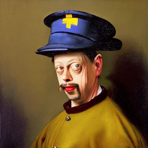 Image similar to oil painting portrait of steve buscemi wearing a fireman hat, oil on canvas, high quality, johannes vermeer