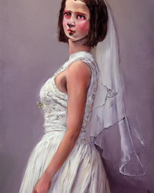 Prompt: a painting of a girl resembling alicia vikander or millie bobby brown in a wedding dress, highly detailed, intricate, artstation, concept art, by donato giancola