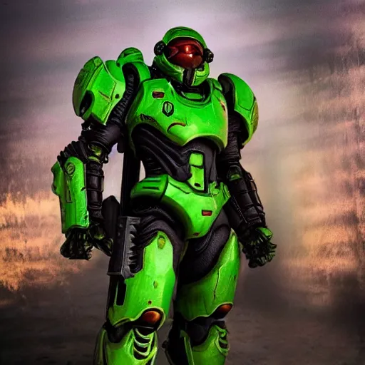 Image similar to doom slayer in power armor combined with samus, photography