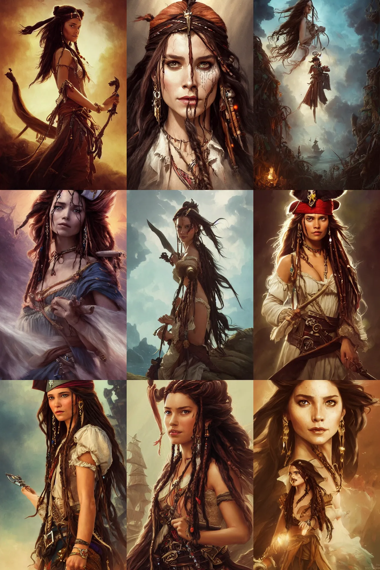 Prompt: cinematic stills from pirates of the caribbean combined with pocahontas, deep focus, d & d, fantasy, intricate, elegant, highly detailed, digital painting, artstation, concept art, matte, sharp focus, illustration, hearthstone, art by artgerm and greg rutkowski and alphonse mucha