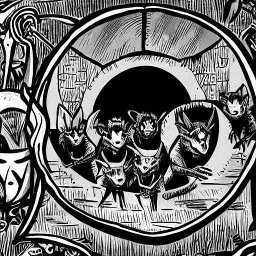 Image similar to black and white illustration by erol otus the pack of kobolds is crouched in a circle.