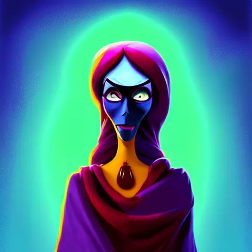 Image similar to curled perspective digital art of a dark hair woman with face covered by arafat arab scarf by anton fadeev from nightmare before christmas