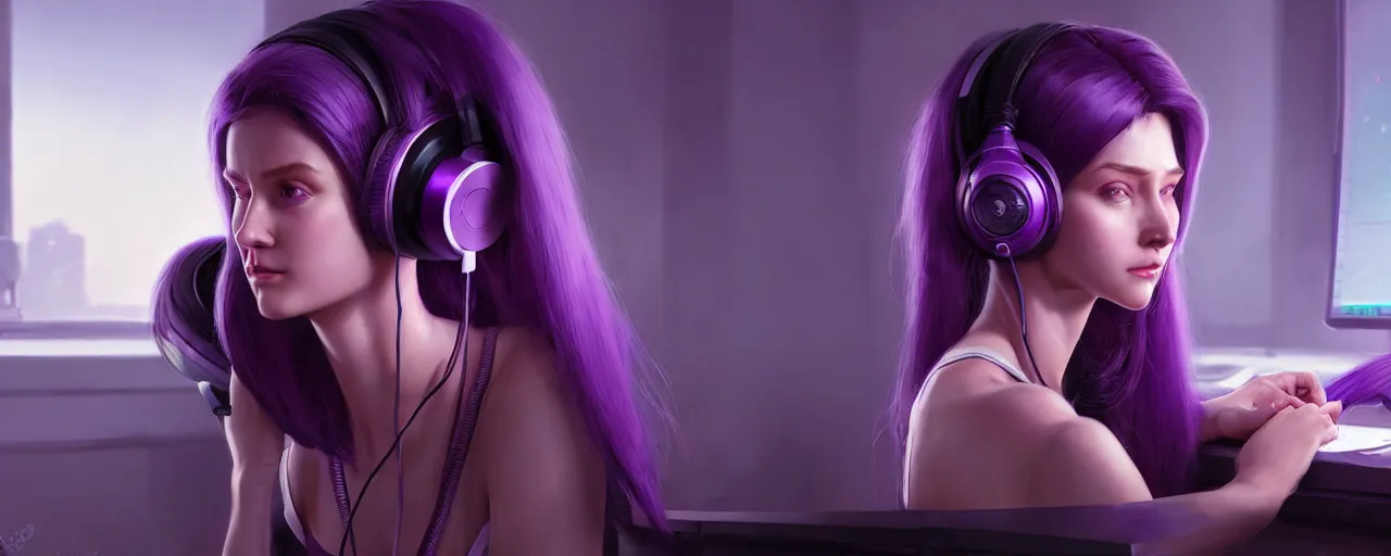 Image similar to wide - shot of stunningly beautiful purple haired female with headphones at home studio streaming computer games late at night, very detailed, 4 k, concept art like ernest khalimov, intricate details, highly detailed by greg rutkowski, ilya kuvshinov, gaston bussiere, craig mullins, simon bisley, backlit