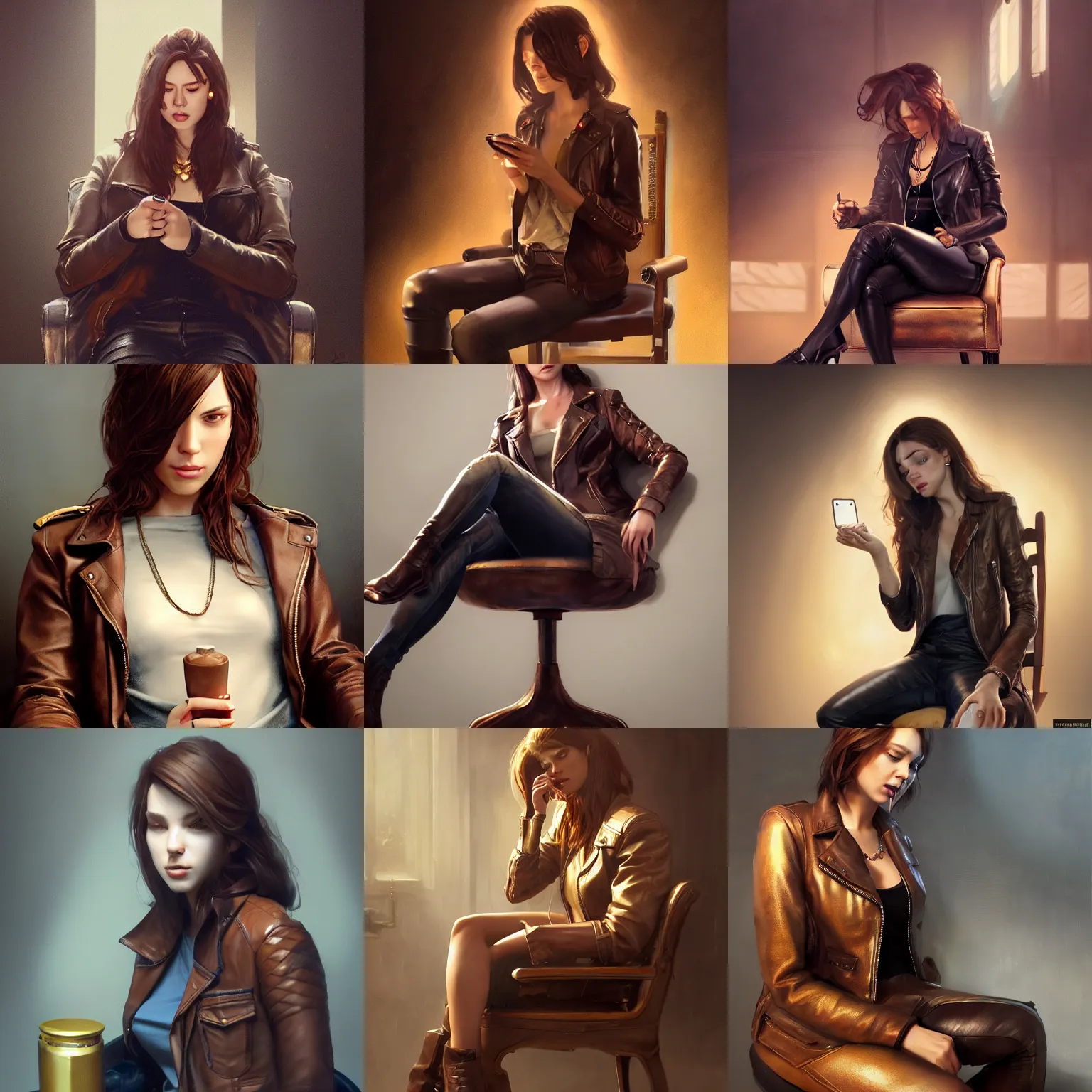 Prompt: woman with brown hair sitting in a chair wearing a leather jacket and a golden necklace video game, fullbody, ultra high detailed, oil painting, Greg Rutkowski, Charlie Bowater, Yuumei, Yanjun Cheng, unreal 5, DAZ, hyperrealistic, octane render, RPG portrait, dynamic lighting, fantasy art, beautiful face