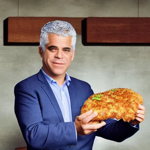 Prompt: award winning studio portrait of yair lapid holding a schnitzel in the shape of the state of israel