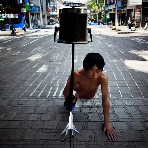 Prompt: A Japanese man using a black power, photo made by Slim Aarons, award winning, EOS-1D, f/1.4, ISO 200, 1/160s, 8K, RAW, unedited, symmetrical balance, in-frame