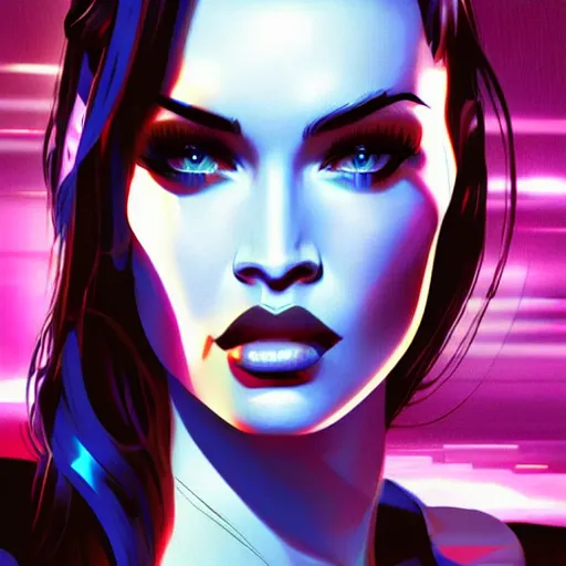 Prompt: a cyberpunk painting of Megan Fox by Bruce Timm and Ross Tran, digital art