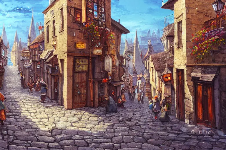 Image similar to a busy fantasy street looking down one street within a fascinating old city, quirky shops, narrow streets, old buildings, cobblestones on the ground, stone steps, street life, by Sylvain Sarrailh, single street, cinematic, simple but effective composition, clean lines, beautiful digital painting, oil painting, detailed, dungeons and dragons, lord of the rings