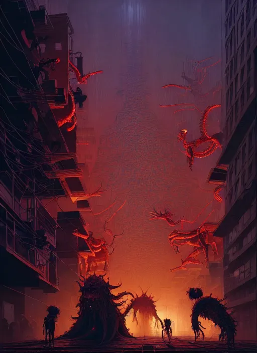 Image similar to masterpiece concept art, neon demons devouring children, by greg rutkowski and geof darrow, 8 k, intricate detail, cinematic lighting